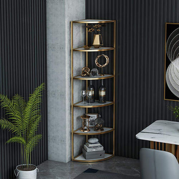 6-Tier Modern Fan-Shaped Shelves Standing Corner Shelf in White&Gold-Bookcases & Bookshelves,Furniture,Office Furniture